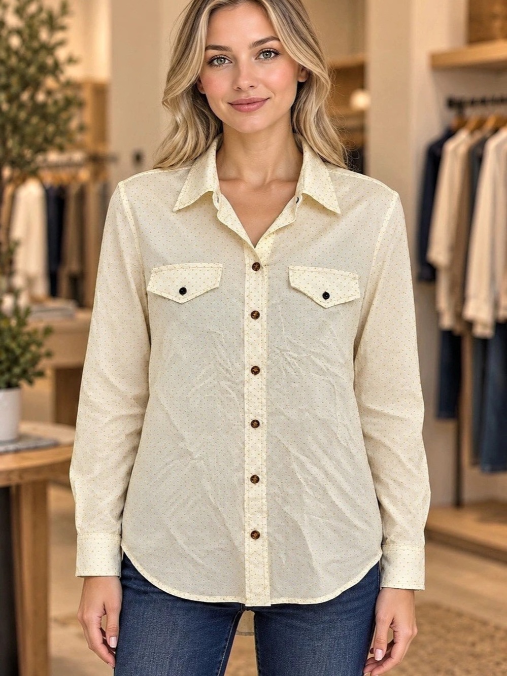Maeve Polka Dot Button Down in Cream Size 12